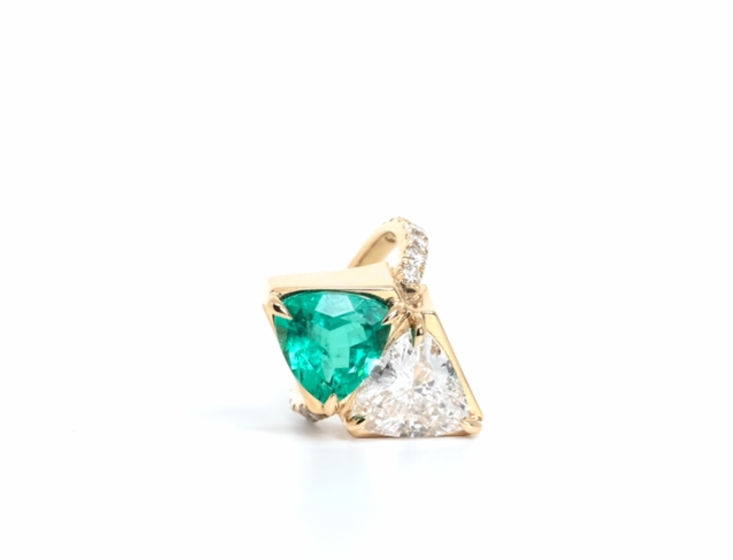 Emerald and Diamond Trillion North South Shield Ring
