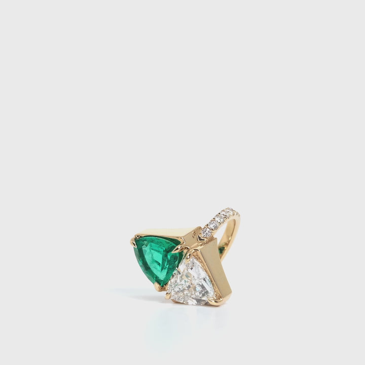Emerald and Diamond Trillion North South Shield Ring